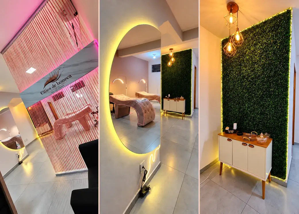 Ambientes do studio Cílios de Boneca em Uvaranas: divisória, espelho e espaço de café